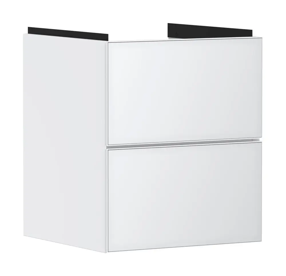 Weißer Waschtischunterschrank von Hansgrohe mit zwei Schubkästen. Der Schrank hat eine glatte Oberfläche und eine schlichte Form. Ideal für Handwaschbecken geeignet.
